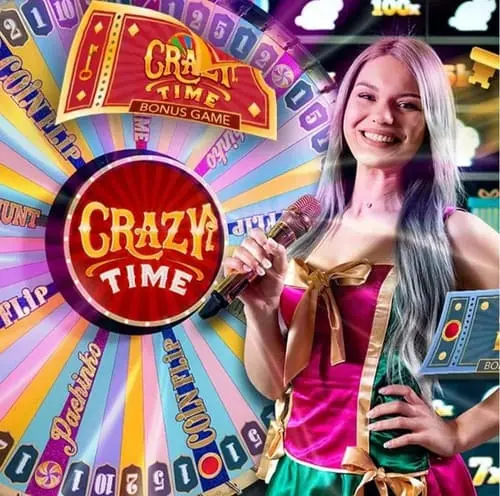 Apresentadora do Crazy Time ao vivo ao lado da roda
