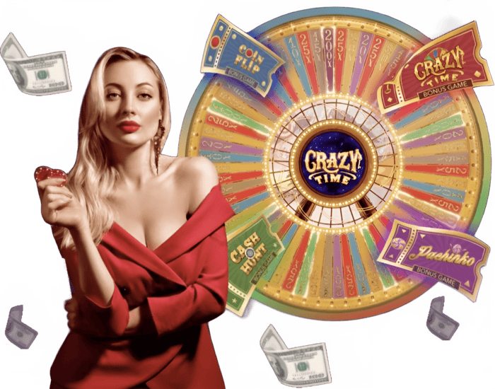 Apresentadora ao vivo diante da roda do Crazy Time